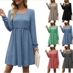 Women's Long Sleeve Square Neck Bubble Sleeve Ear Edge Casual Dress